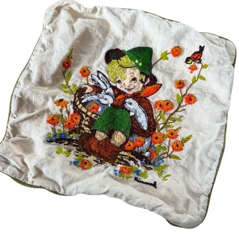 Paragon needle craft pillow cover little boy with‎ bunnies vintage hand stitched